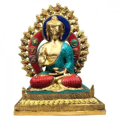 Estátua de Buda Shakyamuni (Gautama Siddartha) no Trono com mosaico colorido - 30 cm