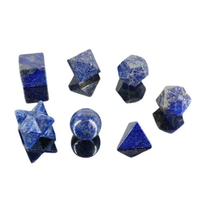 Conjunto de 7 sólidos platónicos de Lápis-lazuli com estojo em madeira