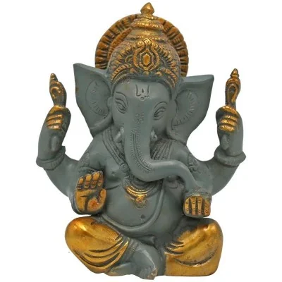 Estátua de Ganesha cinzenta com detalhes em dourado - 14 cm