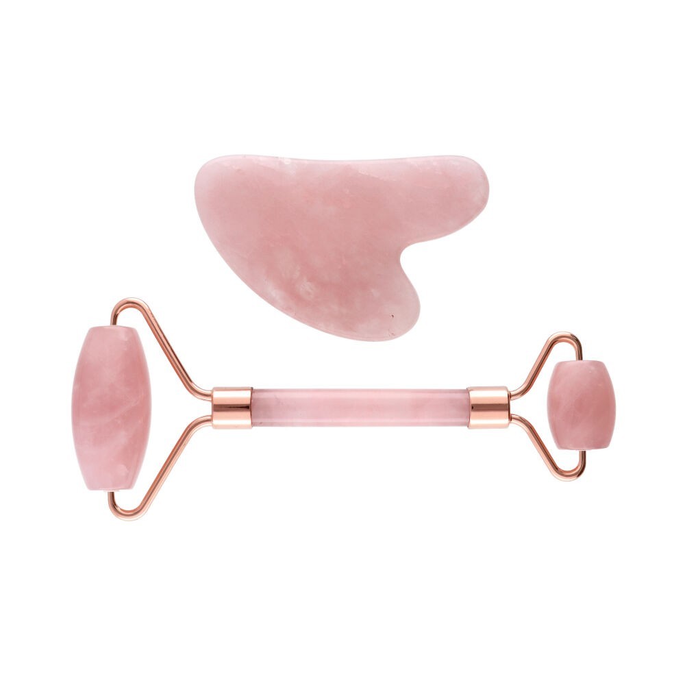 Conjunto de massajadores de Quartzo Rosa com roller facial e Gua Sha