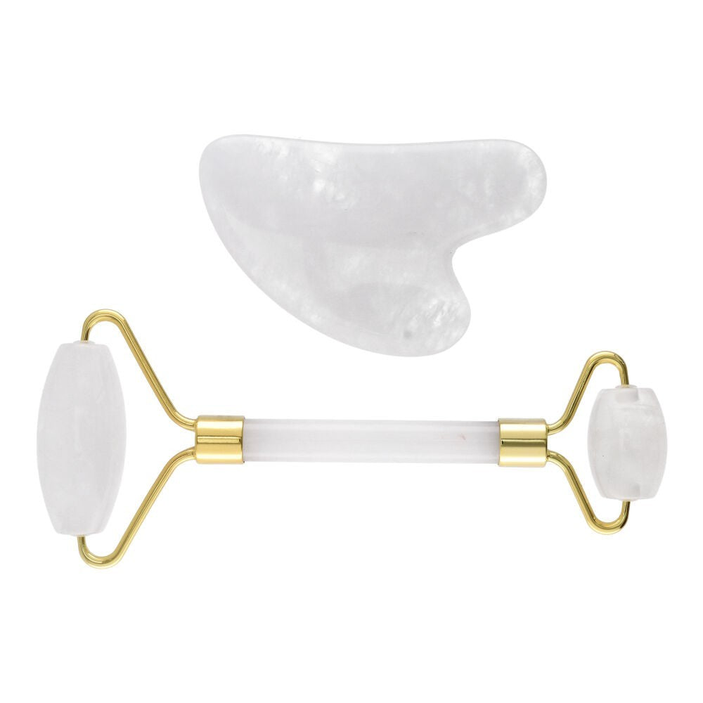 Conjunto de massajadores de Quartzo Branco com roller facial e Gua Sha